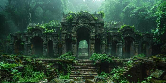 A pixel art depicting an abandoned building surrounded by trees in a forest photo