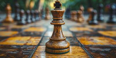 A king chess piece is placed elegantly on a wooden chessboard photo