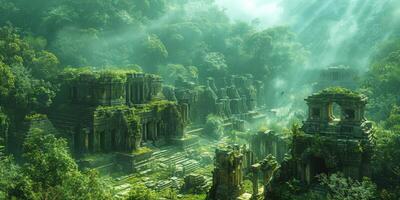 Sun shines through trees and buildings in the jungle photo