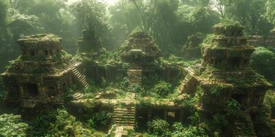 An ancient temple in a lush forest surrounded by plant life photo