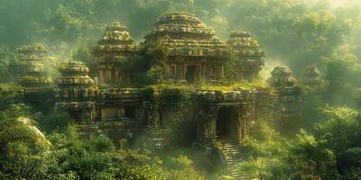 Pixelated image of an old temple in a forest, blending nature and artistry photo