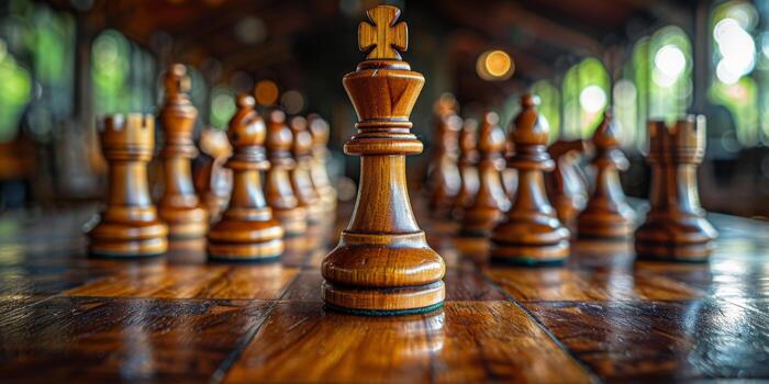 un fila de de madera ajedrez piezas desplegado en un mesa foto