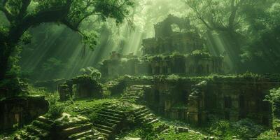 Sunlight through thick jungle lighting ancient ruins photo