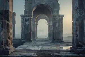 Ancient stone archway on misty morning, blending with atmospheric phenomenon photo