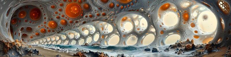 The painting features a cave with bubbles, water, art, circle, pattern photo