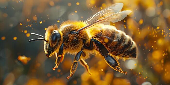 un detallado ver de un abeja en vuelo, ejecutando polinización en el aire foto