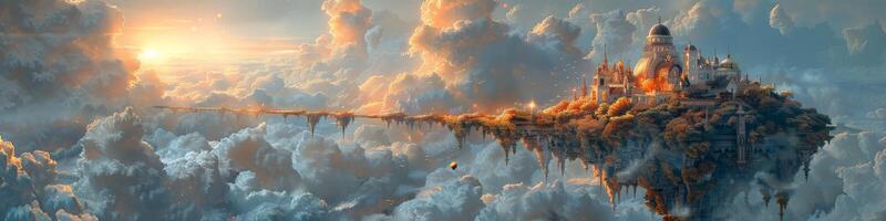 A city is floating high above in the sky amidst clouds photo