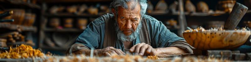 In a workshop, a man with a beard is busy working on a piece of wood photo
