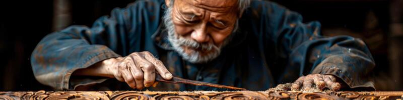 A man with a beard is skillfully carving wood with artistic precision photo