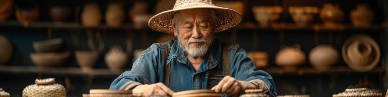 An elderly man with a straw hat is skillfully creating pottery photo