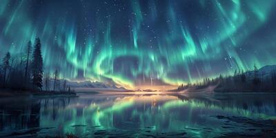 The aurora borealis can be seen reflected in the calm waters of a lake photo