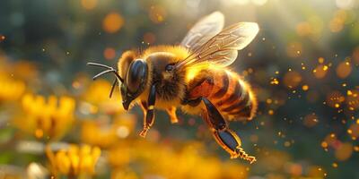 A bee is flying over bright yellow flowers in a beautiful natural setting photo