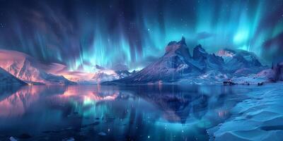 The aurora borealis shines over a lake with mountains in the background photo