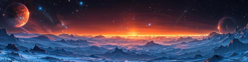 Computer generated landscape with mountains and planet in the sky photo