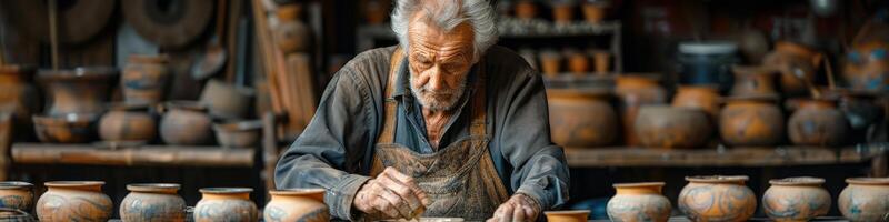 A man is sitting in a pottery shop, creating clay pots with artistry and skill photo