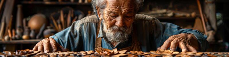 Elderly man carves wood surrounded by tableware, reflecting history and cuisine photo