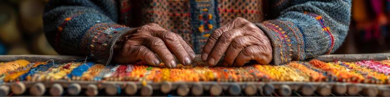 A close up image depicting a persons hands weaving on a loom photo
