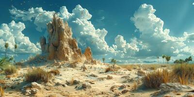 Desert landscape with a mountain in the background photo