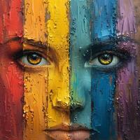 Womans face with colorful paint on nose, cheek, eyebrow, eye, mouth, iris photo