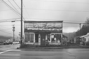 Black and white photo of old building with abercrombie fitch sign