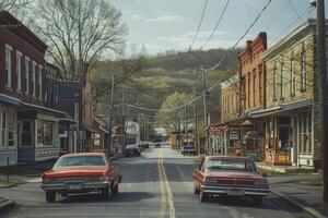 Two old cars are parked on the side of the road in a small town photo