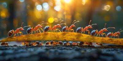 A group of ants on a piece of wood with a natural landscape background photo