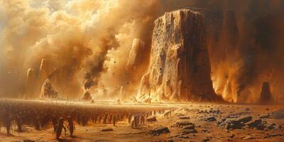 The artwork depicts a desert landscape with a prominent rock in the background photo