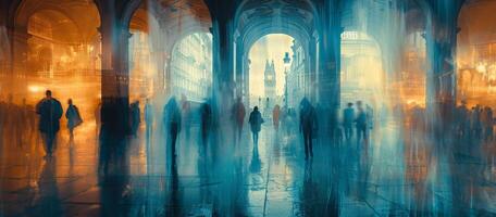 People walking through archway in rain under water world photo
