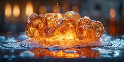 A macro shot showing melted glass on a table surface photo