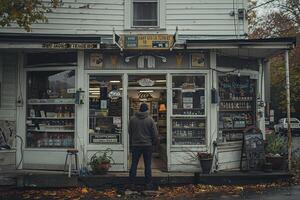 A man is standing in front of a shop with a sign that reads turkey seal photo
