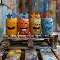 There are four smiling face cans displayed on a wooden pallet photo