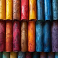 A series of variously colored sticks aligned in a straight line photo
