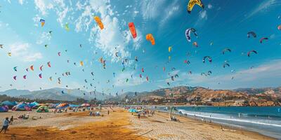 A group flies kites on a sunny beach near azure waters under a clear sky photo