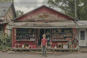 A boy in front of a store in a neighborhood with art, leisure, and nature photo