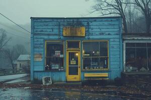 A blue building with a yellow door and a sign a photo