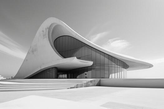 Grayscale wavelike structure on wintry background with building, sky, snow photo