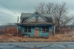 A blue house with graffiti saying im sorry im sorry photo