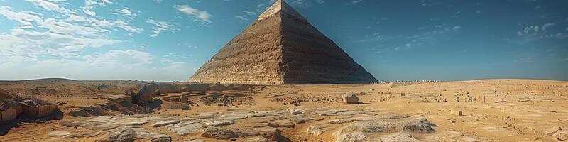 In the middle of a vast desert stands a massive pyramid under the open sky photo