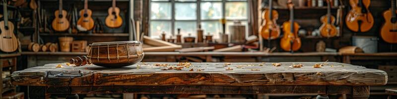 In a workshop sits a wooden table topped with a bowl photo