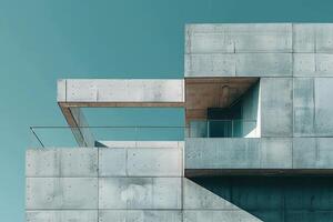 Concrete building with balcony and blue sky in background photo