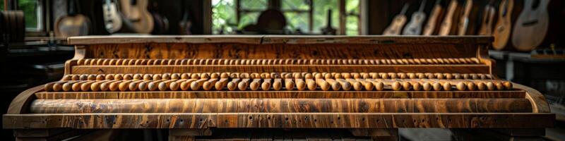 A wooden piano is placed on a table inside a workshop photo