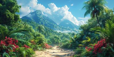 A dirt road in a lush green forest with mountains in the background photo