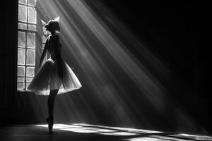 A black and white photograph featuring a ballerina posing in front of a window photo