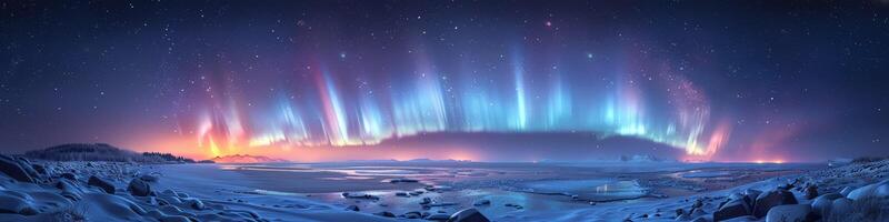 Aurora borealis shines above an icy lake in the wilderness photo