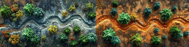 An aerial view of a river flowing through a dense forest with lush greenery photo