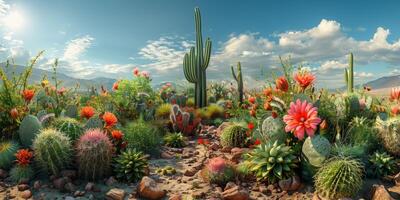 In the desert, a landscape with cacti and colorful flowers under the sky photo