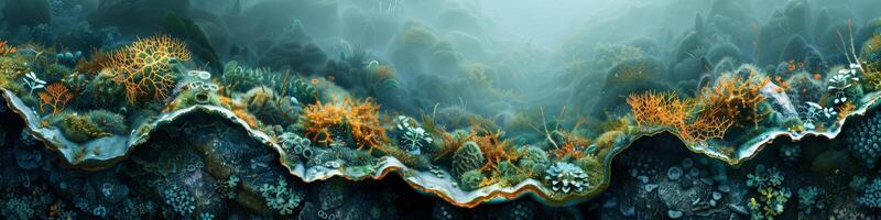 Artwork shows colorful coral reef underwater with marine life photo