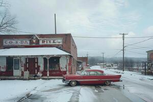 A red car in front of a building with the word wive on it photo