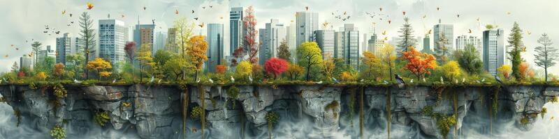 The city is encircled by trees and flowers, located on a floating island photo