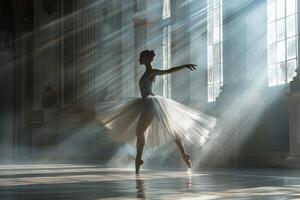 A ballerina in a white tutu dances skillfully in front of a window photo